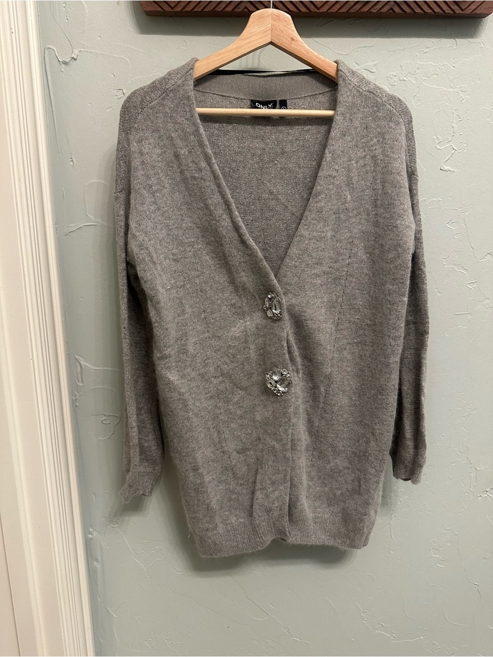 Only Gray V-Neck Cardigan with Jeweled Buttons (48% Angora)